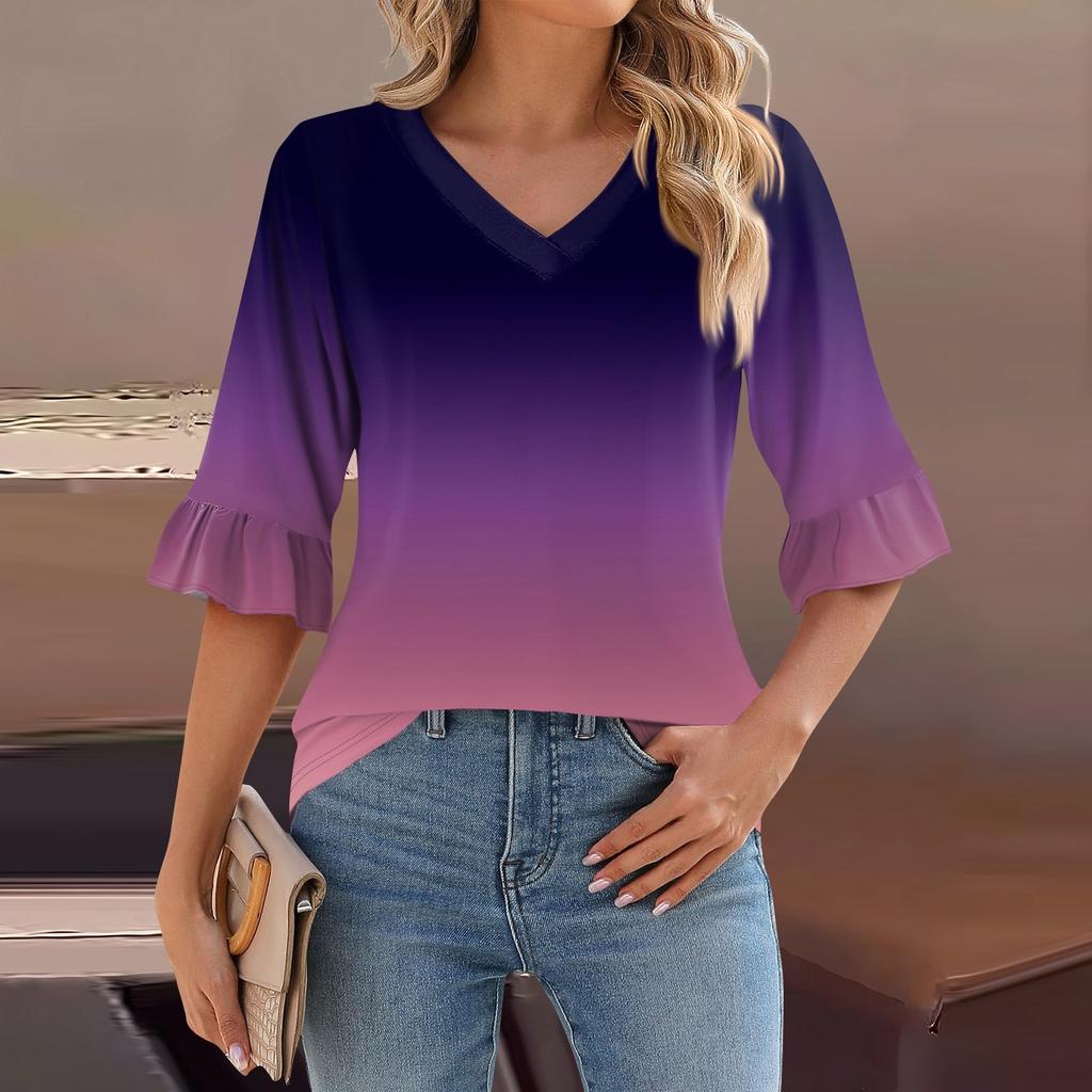 Женский повседневный топ с рукавами 3/4, летняя футболка с v-образным вырезом и пышными рукавами