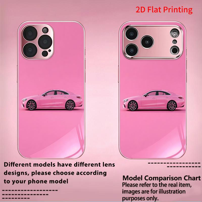 2DFlat electroplated tempered glass phone case,Pink Car Side View,suitable for iPhone 18 Pro Max 17 16 15 14 13 12 11