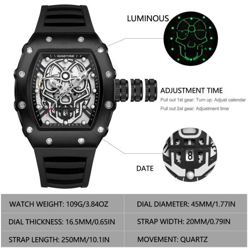 Senstone Men's Retro Punk Skull Tonneau Analog Skeleton Sports Watch with Luminous Rubber Strap and Silicone Band, Black, Casual.