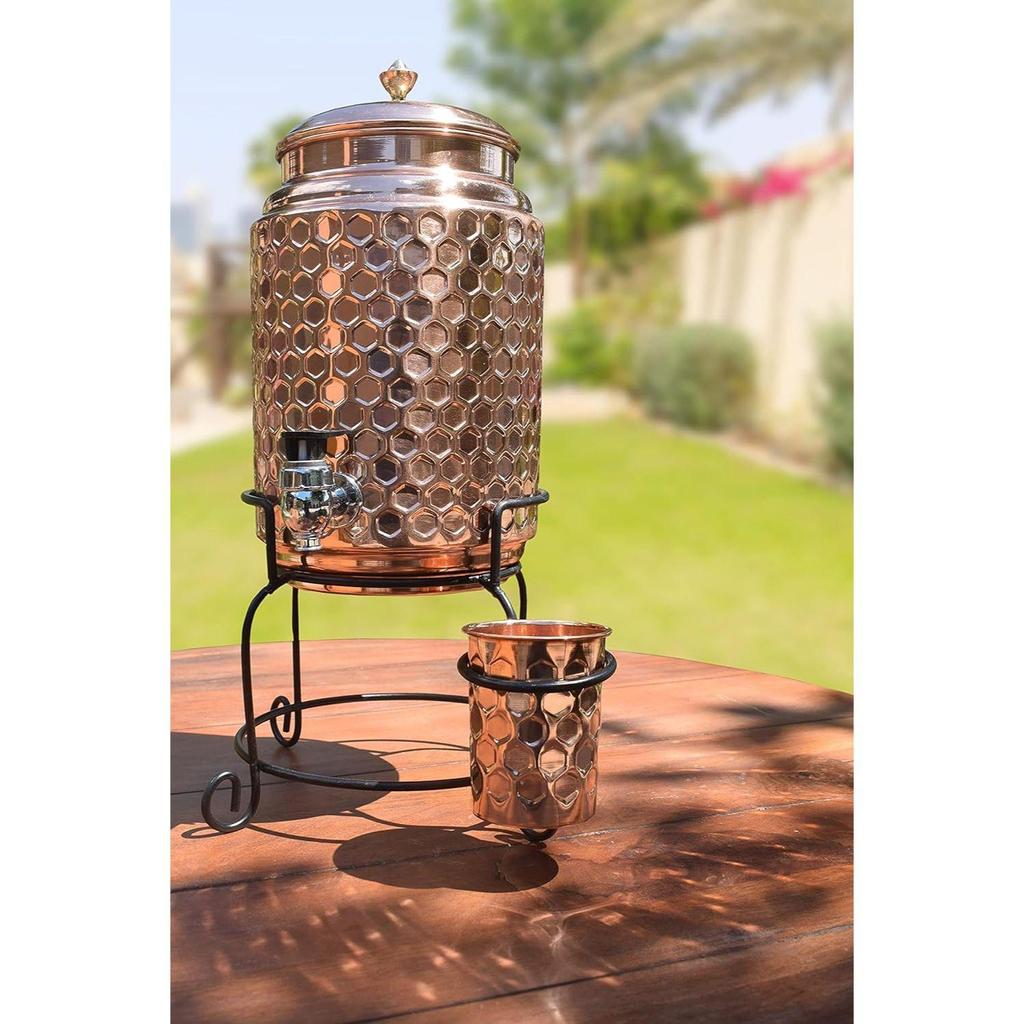 Медный диспенсер для воды с алмазной огранкой, 5 литров, бак Matka с 1 стеклянной и железной подставкой - 5000 мл