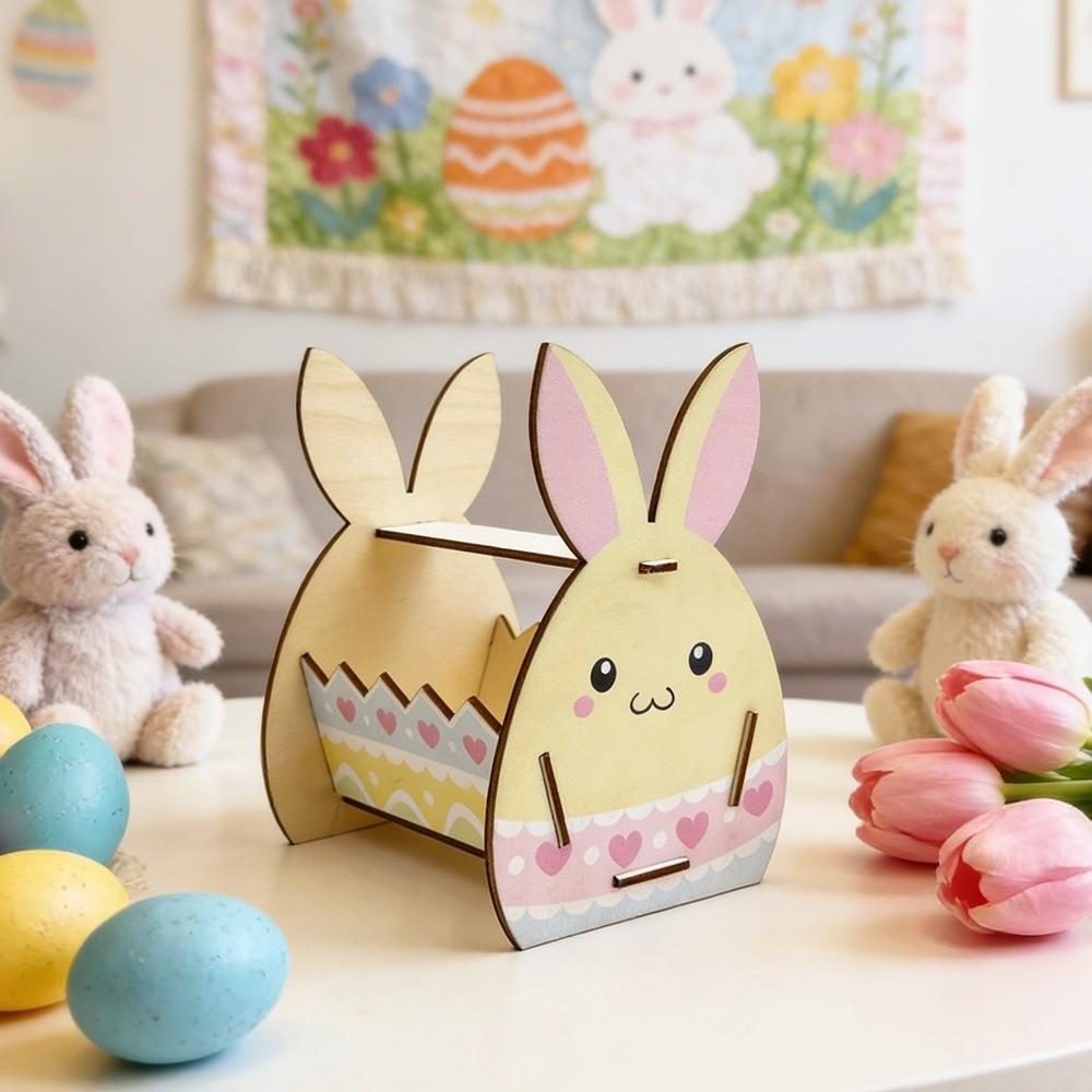Wooden Easter Bunny Basket Semi-Open Frame DIY Paint Candy Storage Basket Handmade Crafts Happy Easter Bunny Decor Box
