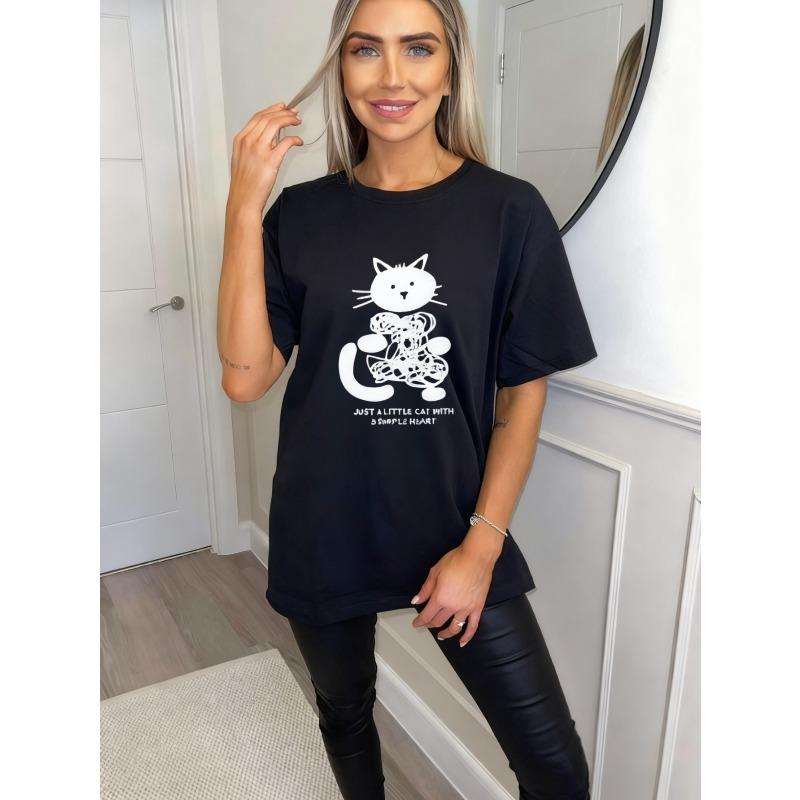 Футболка оверсайз с принтом черного кота с сердцем и текстом Просто маленький кот с простым сердцем Повседневная одежда для женщин Летний наряд Уличная мода Топ