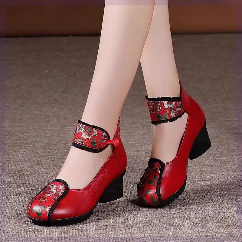 Ethnic Style Handmade Retro Leather Shoes Women's Spring Middle Layer Cowhide Heel Soft Sole Comfortable Thick Heel Single Shoes Printed Dance Shoes