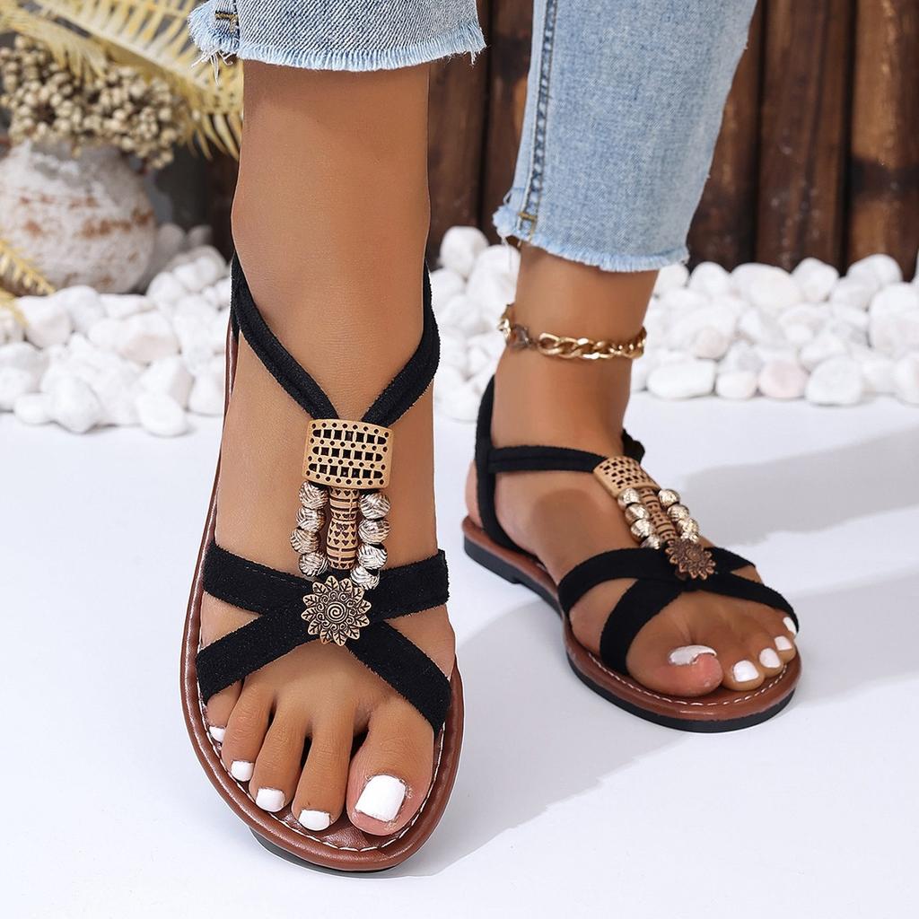 2024 Summer Hot Selling Women's Sandals Fashion Open Toe Roman Women's Sandals Solid Color Beaded Low Heel Women's Sandals