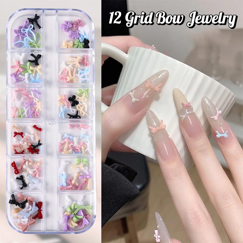 12 Grid Multiple Colors Bowknots Nail Art Charms Mini Adorable Line Bows Ties Resin Nail Decorations For Diy Earring Nail Suppli