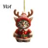 Festive Home Door Decor Santa Cat Christmas Ornament, Acrylic Car Mirror Hanging with Holiday Decorations Reindeer Antlers, 2D Cute Bag Charm