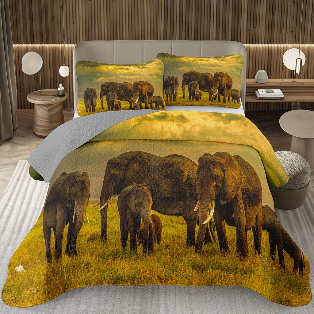 Elephant Bedspread Twin Queen King Size African Safari Animal Theme Quilt Set Jungle Wildlife Coverlet Set with 1/2 Pillowcase