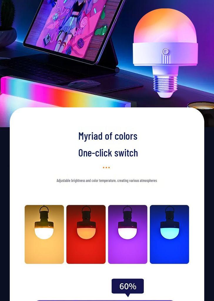 E26 RGB Перезаряжаемая лампочка: 15 цветов, с дистанционным управлением, регулируемая яркость, магнитное крепление, идеально для настенных и настольных ламп.
