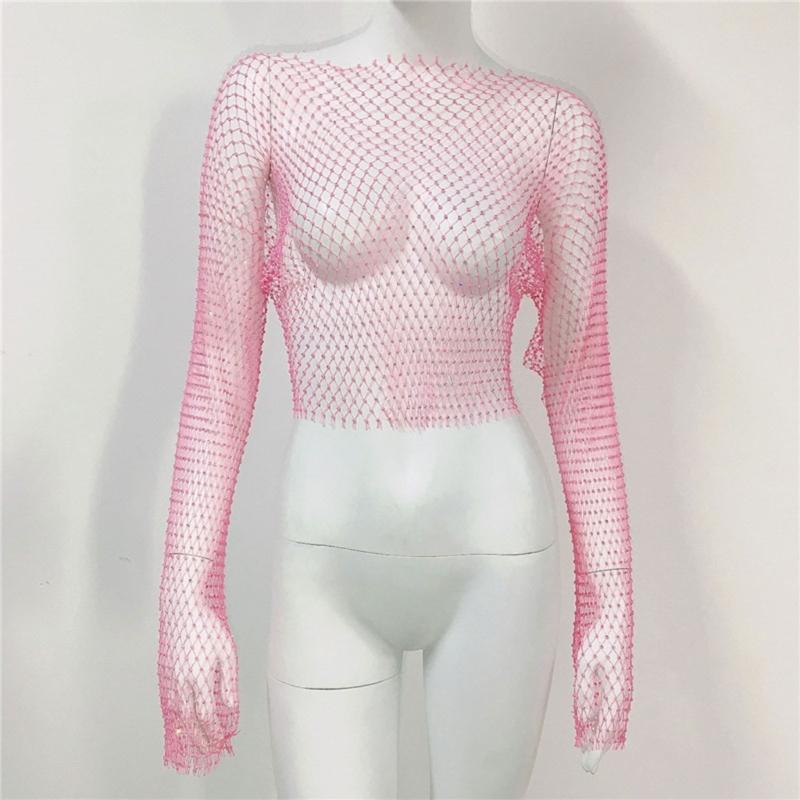 Women Rhinestones Mesh Flared Long Sleeve Crop Top Hollow Out See Through Fishnet Jewelry Cover Up Rave Party Clubwear