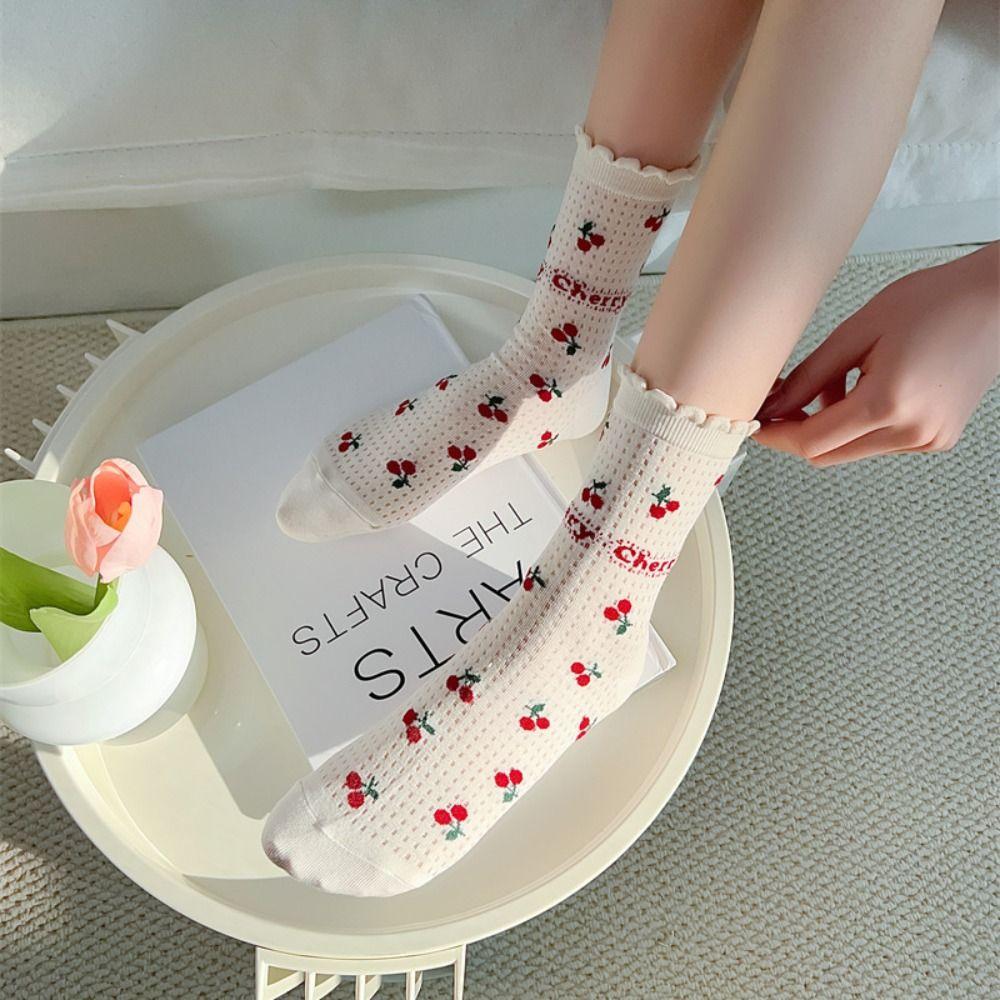 Hollow Out Cherry Short Socks Ruffle Summer Tube Socks Fashion Mesh Ankle Socks Streetwear