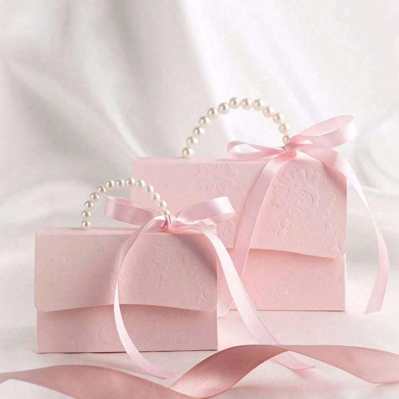 Простой подарочный пакет для вечеринки, бумажная подарочная коробка с ручкой-жемчужиной, изысканная розовая упаковочная коробка для подарка на День святого Валентина, свадебного подарка