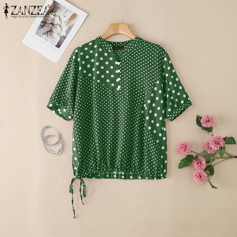 ZANZEA Женская повседневная блузка с V-образным вырезом, свободного кроя, с принтом в горошек и рукавами до локтя