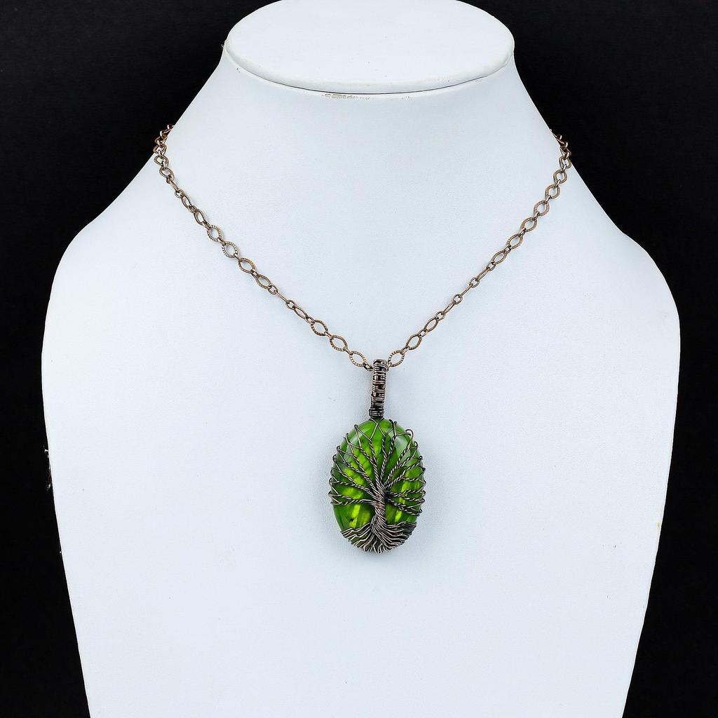 Древо Жизни Зеленый Флэш Лабрадорит Драгоценный Камень Чистая Медная Проволока Обернутая Ювелирные Изделия Ручной Работы Подвеска
