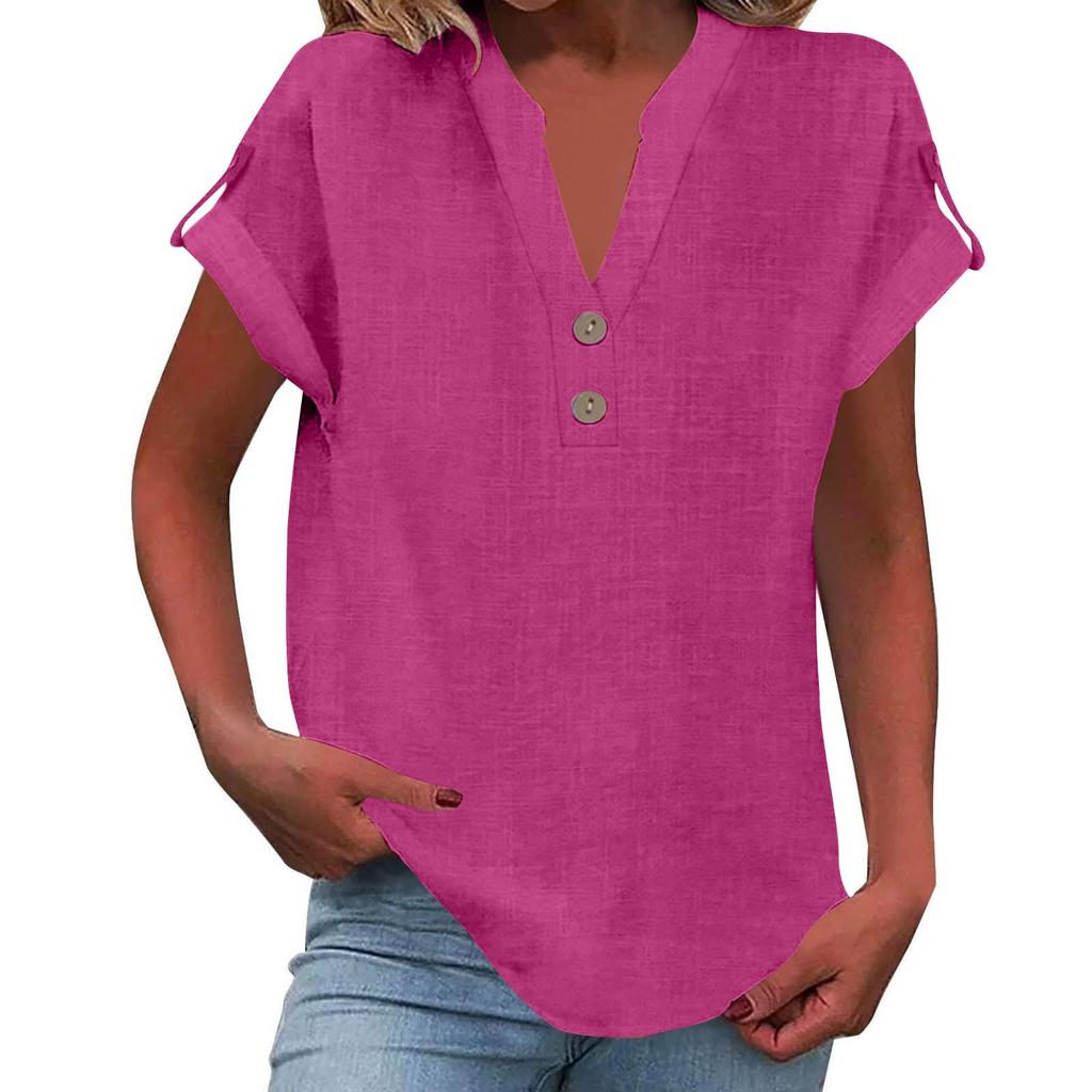 Women's Fashion Casual Solid Colour V-Neck Short Sleeve Button Down Shirt T-Shirt Top
