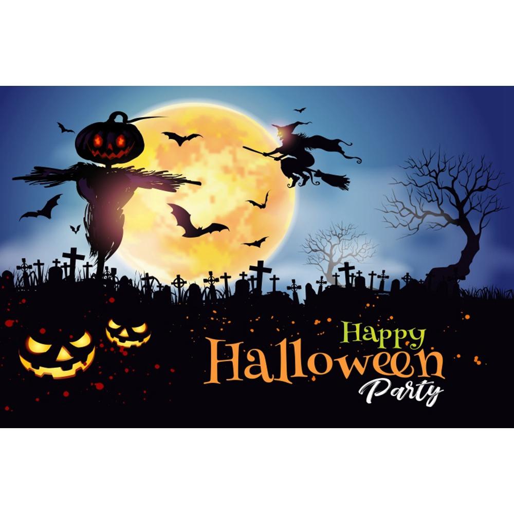 1pc Happy Halloween Party Backdrop with Moon Ghost Witch Scarecrow Pumpkin Bats Banner for Halloween Themed Party Decoration