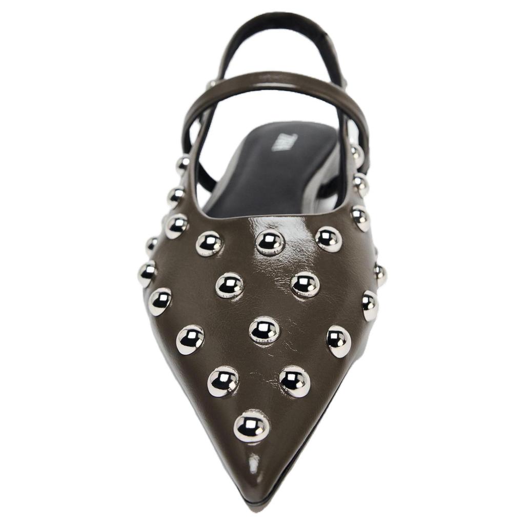 Zara Fashionable Metal Rivet Pointed Flat Backless Casual Shoes Women Flats Gray Brown 13584510-38