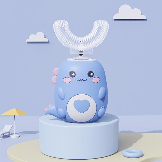 Детская U-образная ультразвуковая электрическая зубная щетка с 2 силиконовыми насадками, водонепроницаемая IPX7, автоматическая, мультяшный динозавр, для малышей, мальчиков, девочек, перезаряжаемая