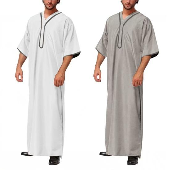 Мужской халат-кафтан, однотонный, со средними рукавами, длинный, с V-образным вырезом, абайя, молитвенная одежда, халат ихрам для летней повседневной носки