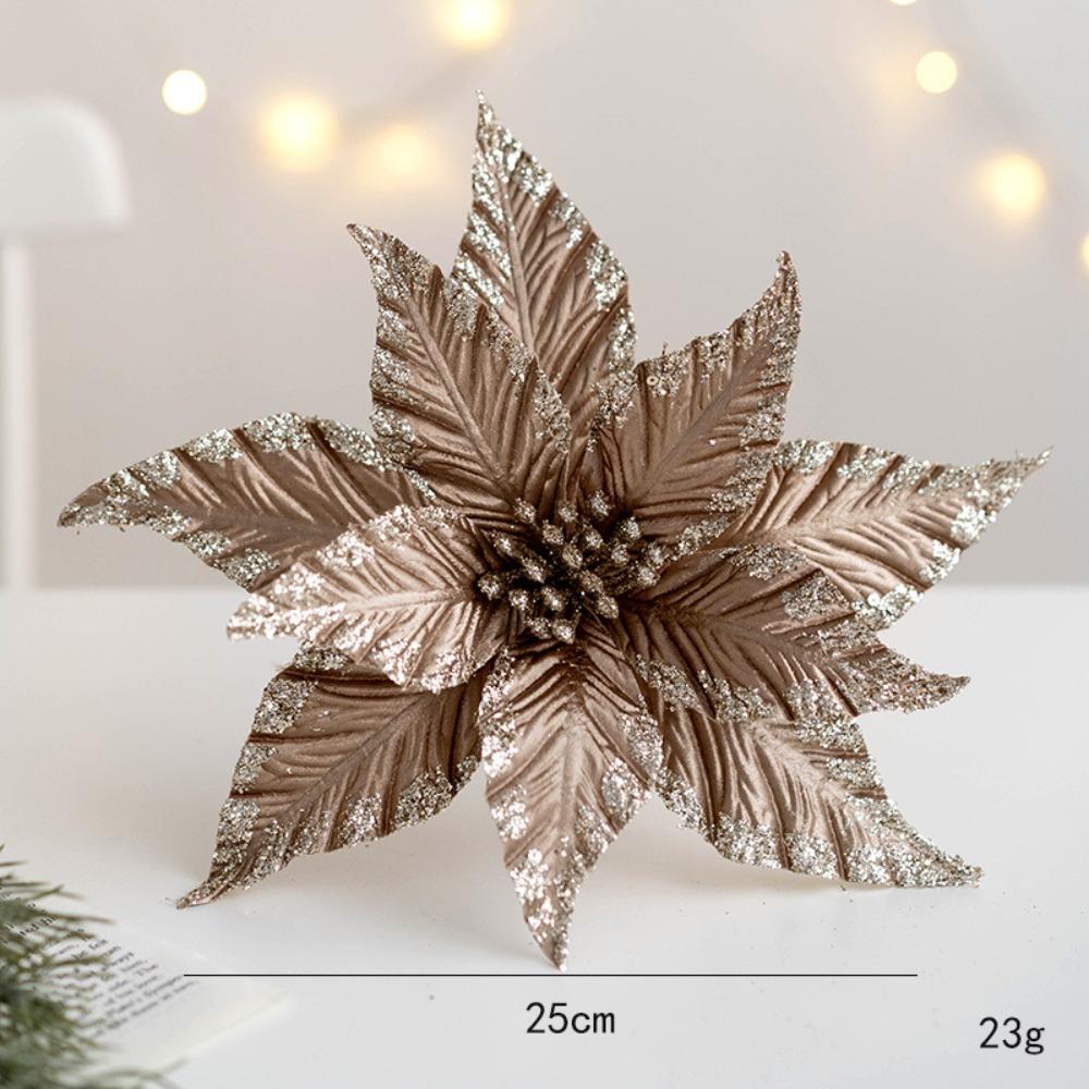 New Fabric Plastic Christmas Artificial Flowers 25cm DIY Decoration Fake Flower Ornaments Glitter Poinsettia Xmas