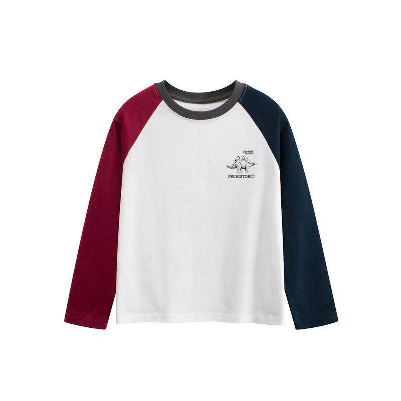 Clothing Children's Spring and Autumn Contrast Color round Neck Long Sleeves T-Shirt Boys and Girls Pure Cotton Dinosaur Children's Bottoming Shirt