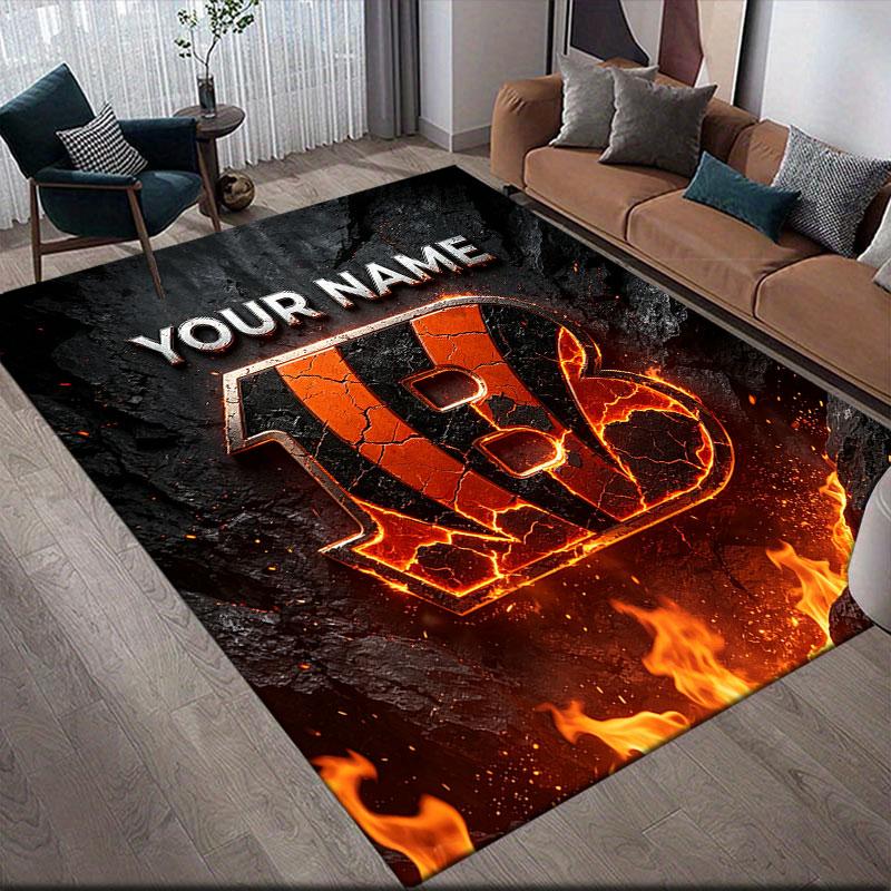 Custom Name,Cincinnati Bengals Home Sofa Decoration for Living Room & Bedroom, Non‑Slip Play Flannel Floor Mat for Game Room