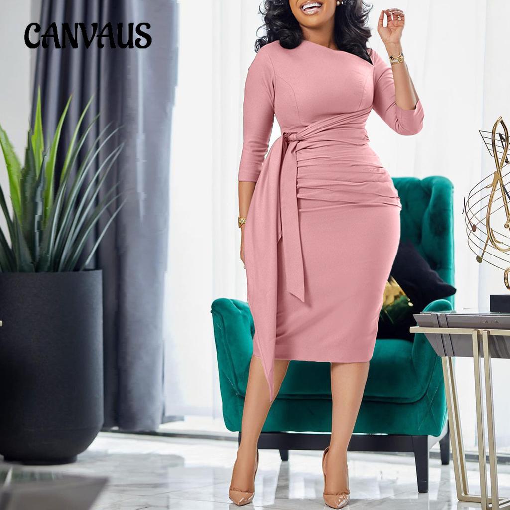 Женские платья Весна-лето Офисные платья Рукав три четверти Плиссированные галстуки Карьерные платья больших размеров