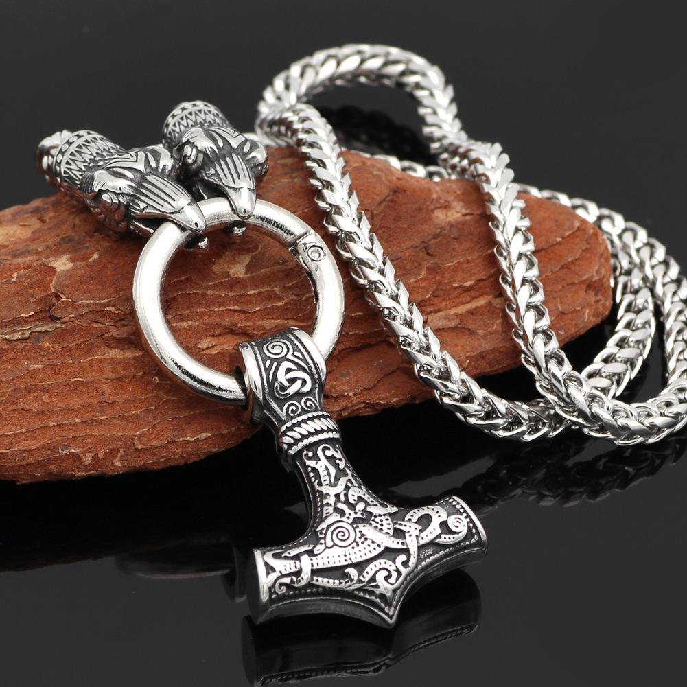 Norwegian Nordic Wolf Head Viking Necklace Thor Hammer Retro Style Crow Head Men's Necklace Jewelry Gift