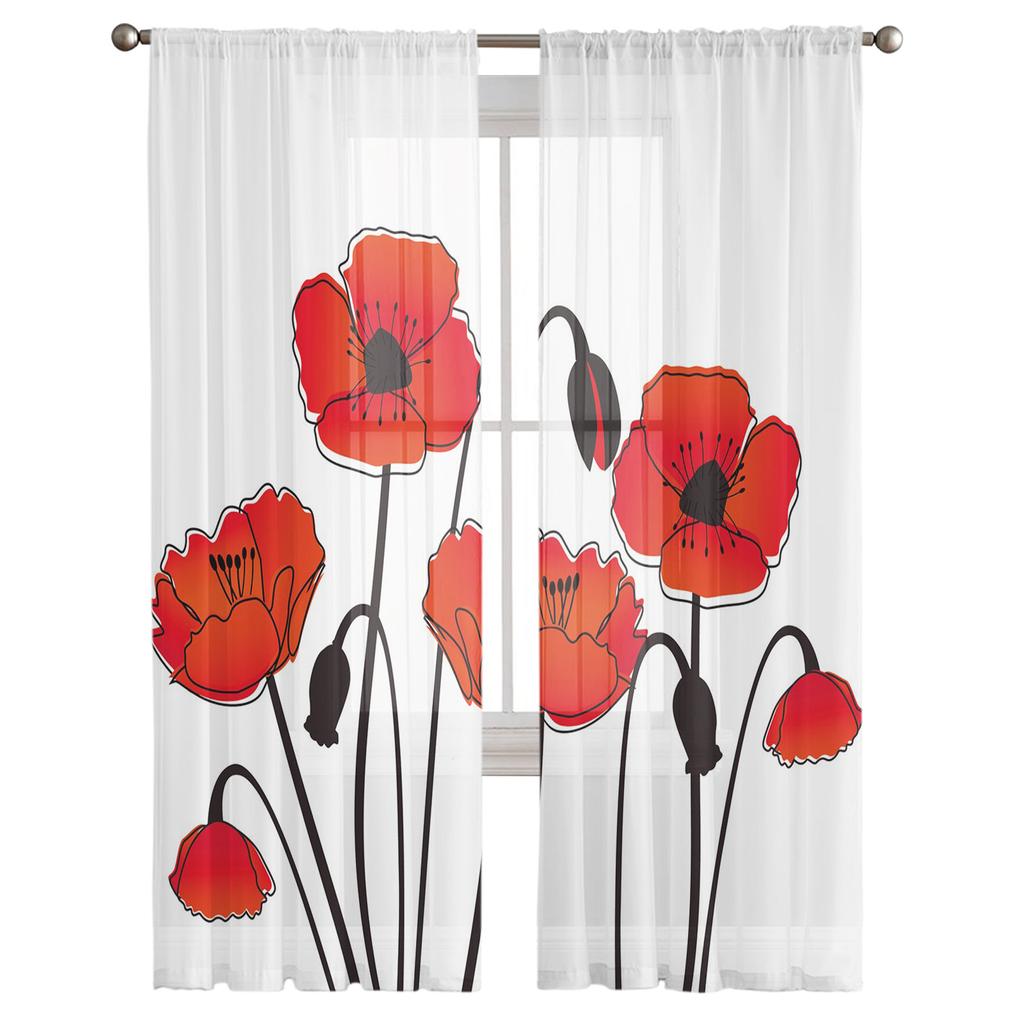 Red Poppy Flower Plant White Chiffon Sheer Curtains for Living Room Bedroom Home Decoration Window Voiles Tulle Drapes Curtain