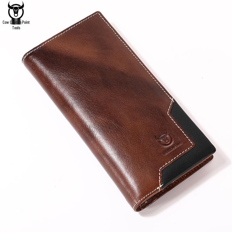 Cow Captain Мужской ретро длинный кошелек-бифолд из натуральной кожи - Масло-воск, Большая вместимость, Отделение для монет