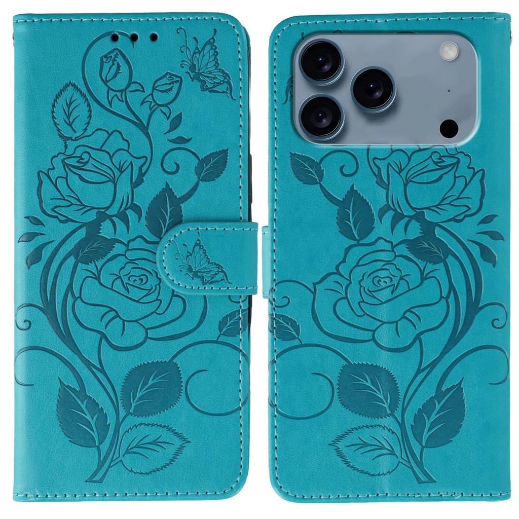 For iPhone 17 Pro Max Case Wallet Stand Imprinted Rose Butterfly PU Leather Phone Cover