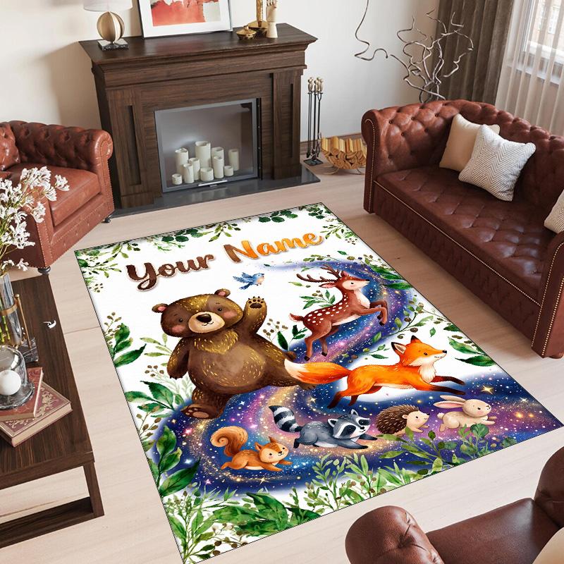 Forest Nature Theme Crystal Velvet Rug Personalized Custom Name Text Soft Floor Mat Home Decor
