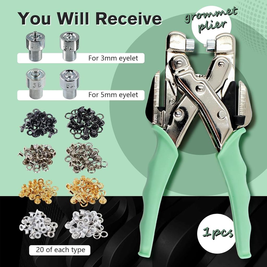 Eyelet Pliers Kit 3/16 1/8 Multi-Size Eyelets Hole Punch Plier with 160Pcs Metal Grommets Heavy Duty Eyelet Pliers Rivet Press Tool Set