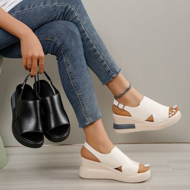 New Summer Platform Wedge Sandals Women's Fashion Back Empty Soft Leather Large Size Fish Mouth Shoes Muffin Shoes