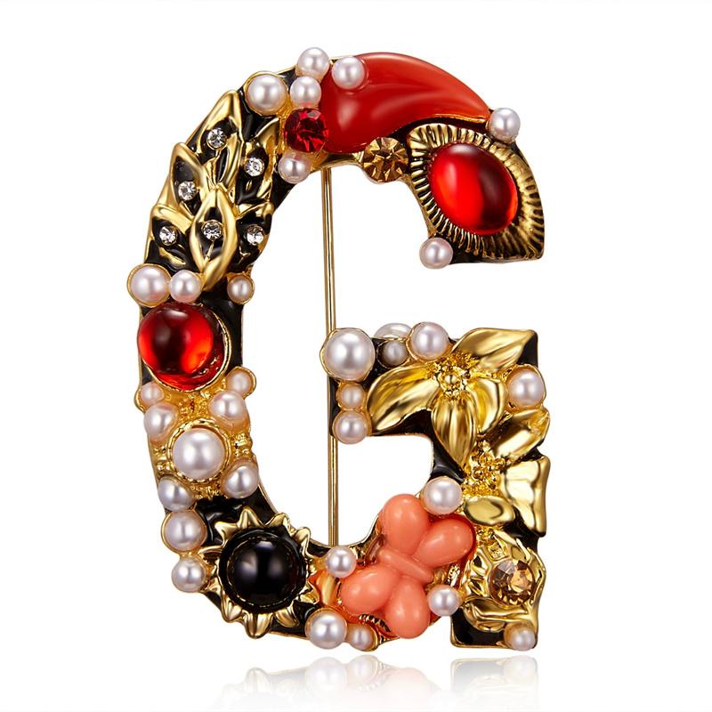 Vintage Letter A D G S M Enamel Imitation Pearls Brooches Women Baroque Alphabet Initial Pins Wedding Jewelry