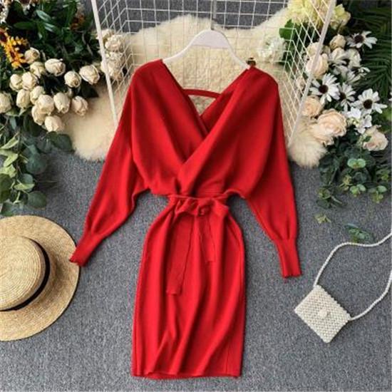 Stylish New Autumn Winter Bag Hip Sweater Dress Female Chic V-neck Bandage Dresses Sexy Women