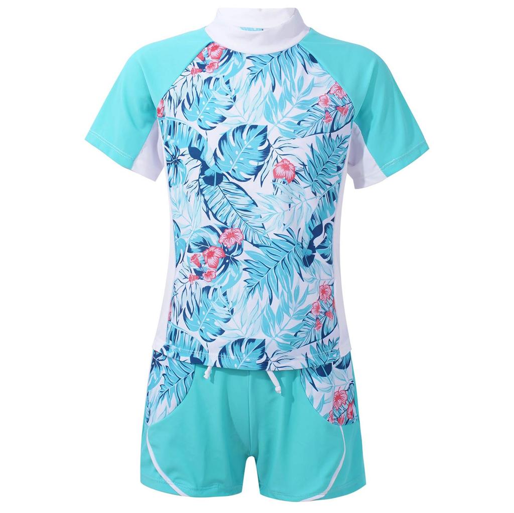 Girls 2 Piece Floral Print Swim Set Round Neck Short Sleeve Top Elastic Waist Boyshorts Beach Bathing Suit Swimsuit
