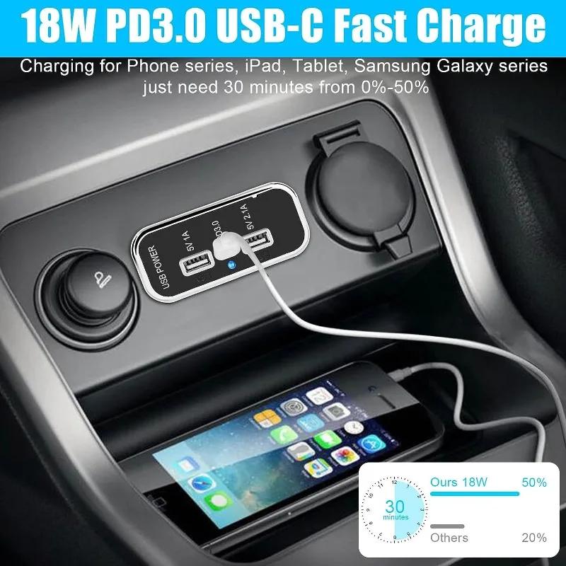 НОВАЯ 3-портовая 12-вольтовая USB-розетка 3,1 А, двойной порт USB A и порт USB C PD3.0, автомобильная розетка для быстрой зарядки для автомобиля, мотоцикла, морского грузовика