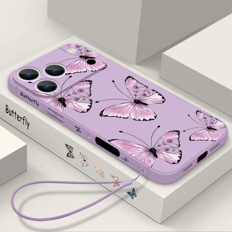 Wrist Strap Lanyard TPU Phone Case For iPhone 17 16 15 Pro Max 13 14 Pro Max 17e 16e 11 Purple Butterfly Soft Silicone Cover