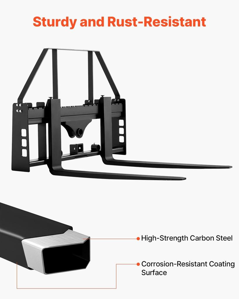 Skid Steer Pallet Forks, 1814 kg Rated Capacity, Pallet Fork Frame Attachment with 122 cm Pallet Forks Forklift Blades, 50.8 mm Hitch Receiver & Spear