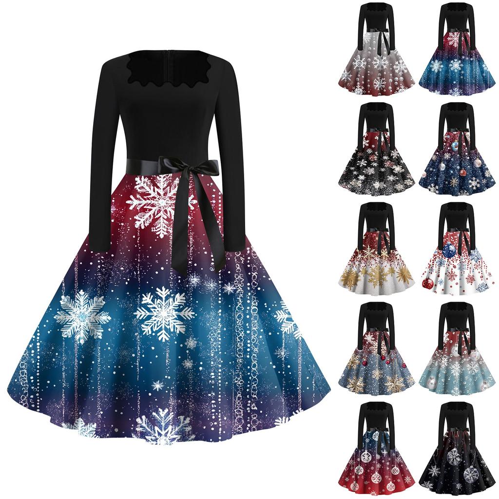 Women's Fashion Casual Square Neck Slim Christmas Printed Long Sleeve Dresses