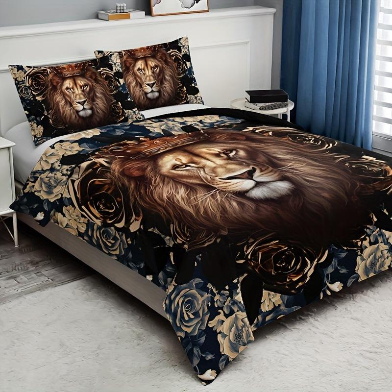 Lion Flower Duvet Cover Set Wildlife Digital Printing Quilt Cover Soft Bedding