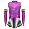 Girls Circus Costume Set Shiny Sequins Mock Neck Sleeveless Jumpsuit Matched Metallic Over Sleeve