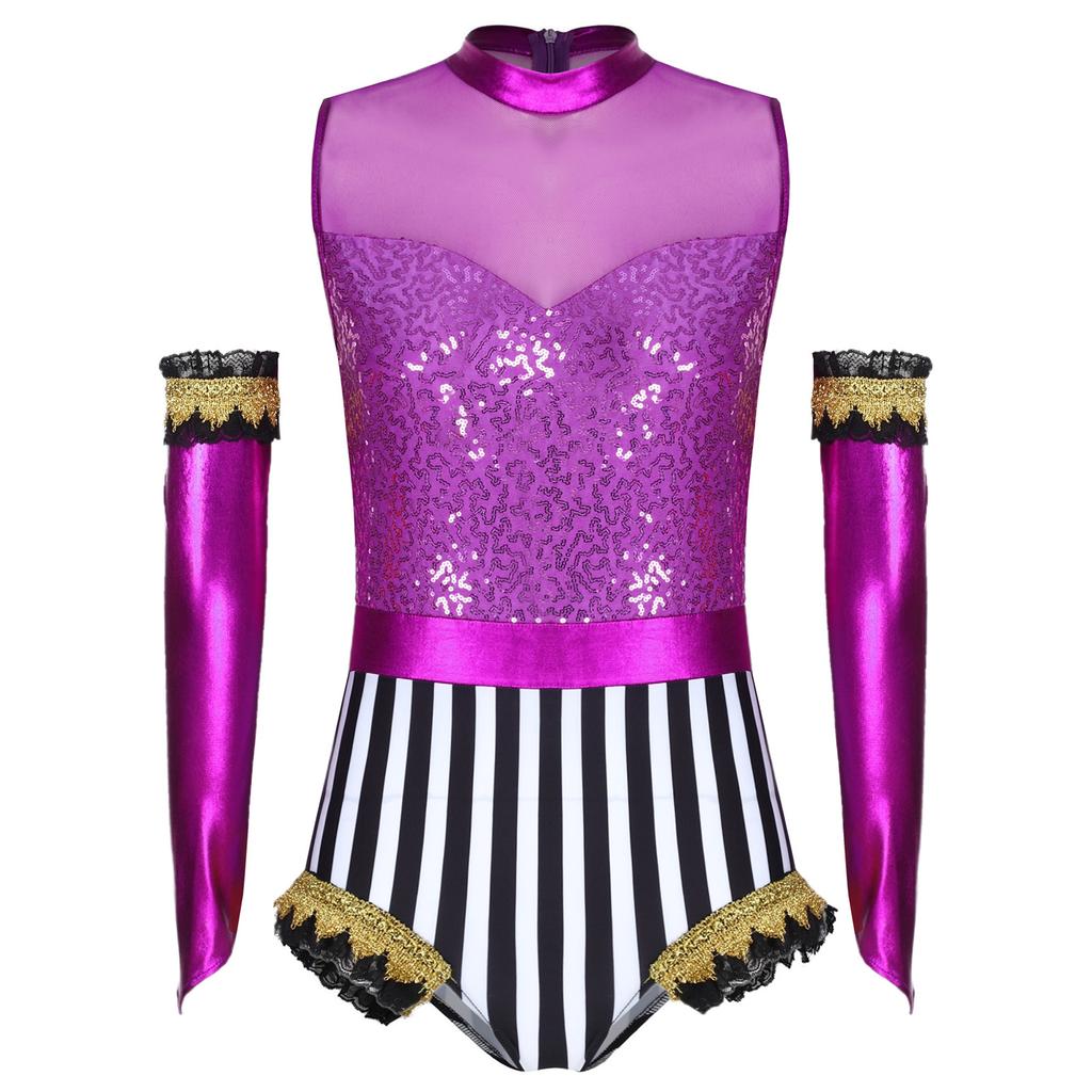 Girls Circus Costume Set Shiny Sequins Mock Neck Sleeveless Jumpsuit Matched Metallic Over Sleeve