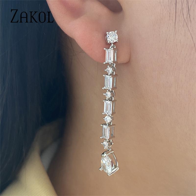 ZAKOL Luxury Geometric Water Drop Crystal Dangle Earrings for Women Delicate Long Tassel Bridal Wedding Statement Earring