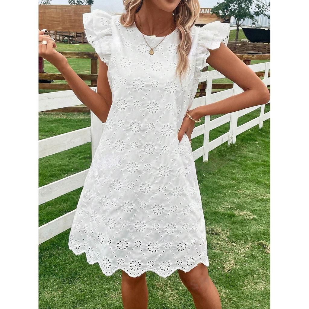 Женское модное однотонное платье с круглым вырезом и свободным рукавом из кружева