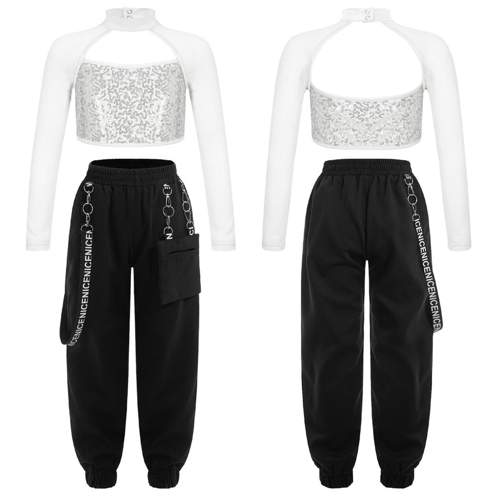 Детский комплект одежды для уличных танцев для девочек, укороченный топ с блестящими пайетками и длинными рукавами, длинные штаны, комплект детской одежды