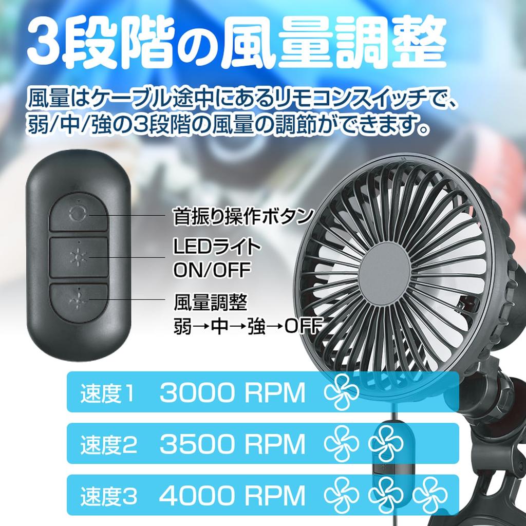 K-FAN14-B Car Fan, Automatic Oscillation, Circulator, 3 Levels of Air Flow Adjustment, LED Light,