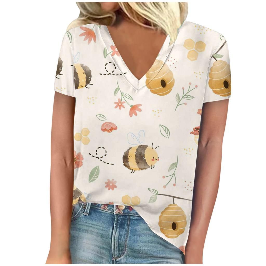 Винтажная женская футболка с принтом пчелы, с коротким рукавом, с V-образным вырезом, удобные футболки