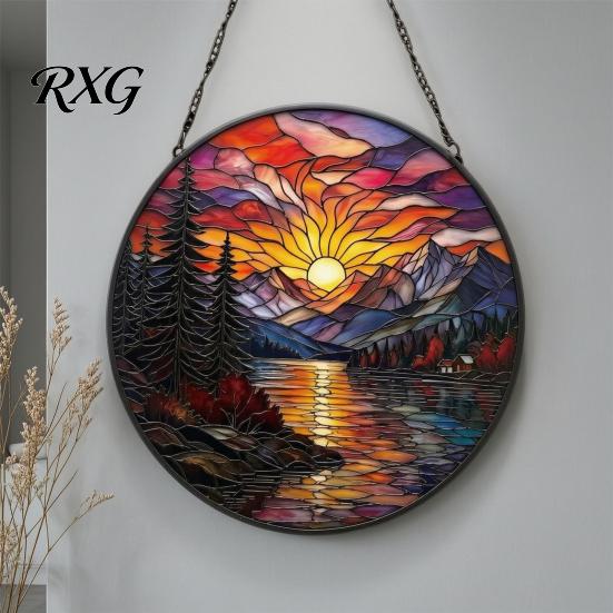 Creative Housewarming Gifts Stained Glass Style Suncatcher, Mountain Sunset Landscape Window Hanging Ornament, Colorful Ornament Sun Catcher
