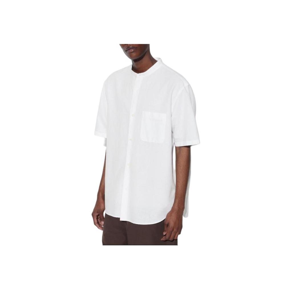 Uniqlo Серия Хлопок Лен Однотонная Свободная Карманная Повседневная Рубашка с Коротким Рукавом Унисекс рубашки Белый 464939-00